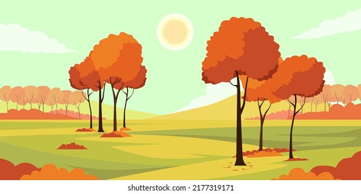 panorama of autumn season landscape with trees, hill, at the rural place in warm color