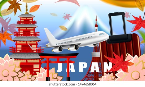 Panorama of autumn season red maple leaves with Fuji mountain in Japan world famous landmarks, Travel concept, airplane transportation