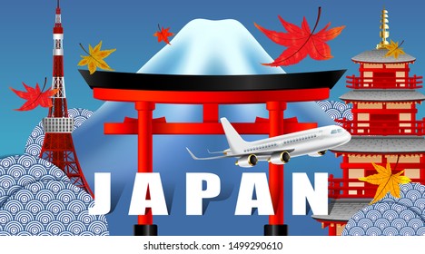 Panorama of autumn season red maple leaves with Fuji mountain and torii gate and pagoda in Japan world famous landmarks, Travel concept, airplane transportation