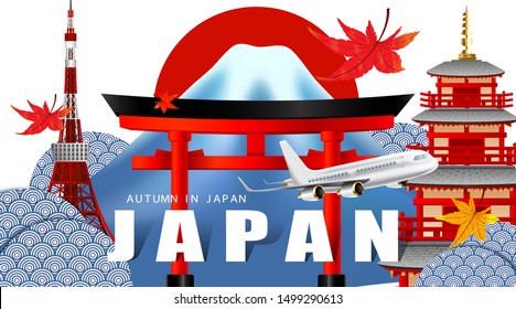 Panorama of autumn season red maple leaves with Fuji mountain and torii gate and pagoda in Japan world famous landmarks, Travel concept, airplane transportation