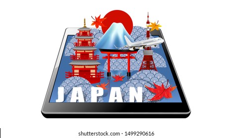 Panorama of autumn season red maple leaves with Fuji mountain and torii gate in Japan world famous landmarks on tablet, Travel concept, airplane transportation
