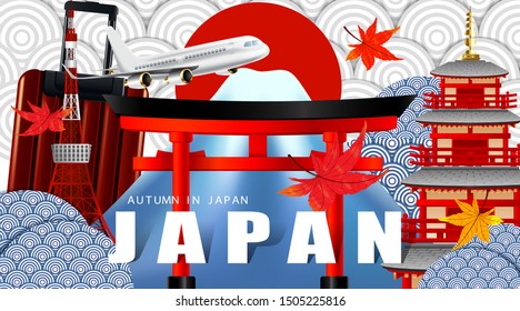 Panorama of autumn season red maple leaves with Fuji mountain and torii gate and pagoda in Japan world famous landmarks, Travel concept, airplane transportation