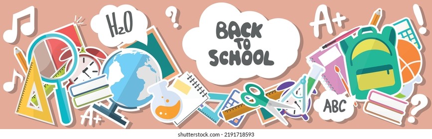 Panorama back to school abstract background concept stickers flat icons. Vector illustration