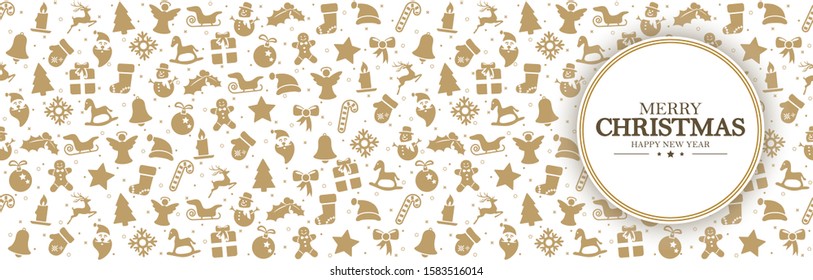 panorama background banner with different christmas icons for winter time concepts with greetings for christmas and New Year with white colored background