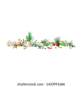 Panorama banner with garden herbs and vegetables. Rustic design. Home decor.