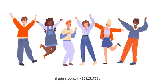 Panorama banner with a group of multiethnic cheering people celebrating dancing and waving their arms isolated on white, vector illustration