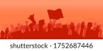 Panorama banner with Protest concept in red showing a large silhouetted crowd of people raising hands, using a megaphone and waving flags, colored vector illustration