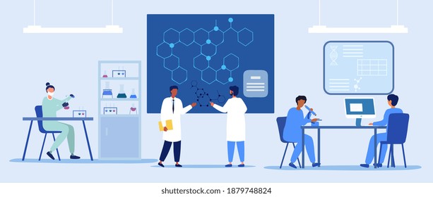 Panorama banner of a research laboratory with a diverse group of scientists working on research, microscope, testing and discussing a diagram of a molecule in blue tones, flat vector illustration