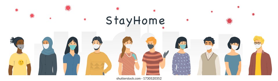 Panorama Banner To Stay Home During Covid-19 Pandemic With A Long Line Of Diverse People Wearing Protective Face Masks Below Text, Colored Vector Illustration