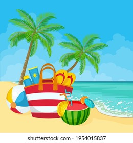 Panorama of the beach and the sea. Beach bag, cocktail in a watermelon, ball, flip flops, sun cream, sunglasses, palm trees. Vector graphics.