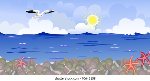 Panorama of the beach with seagulls