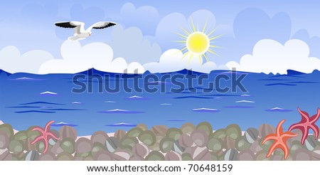 Panorama of the beach with seagulls