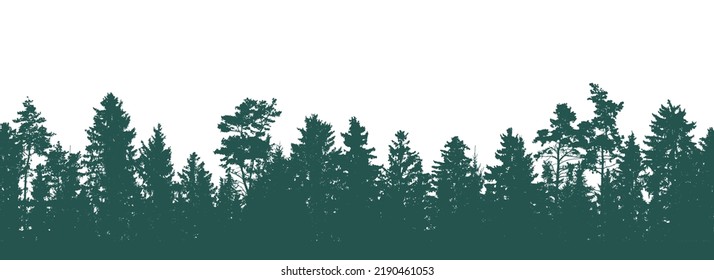 Panorama of beautiful forest, silhouette of fir trees and pines. Vector illustration.