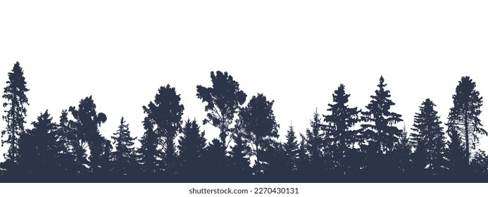 Panorama de un hermoso bosque, silueta de pinos y árboles deciduos. Ilustración vectorial.