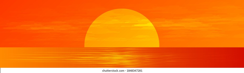 Panorama Beautiful Fullmoon on Sunrise Sea landscape background,sunshine and horizontal concept design.