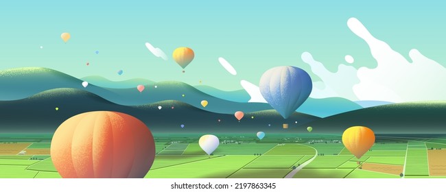 Panorama of beautiful landscape. Illustration of hot air balloon festival in Taitung, Taiwan. Hot air balloons flying above spacious grass field.