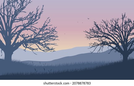 Panorama of the beautiful mountains in the morning with the silhouette of dry trees that are aesthetically pleasing. Vector illustration of a city