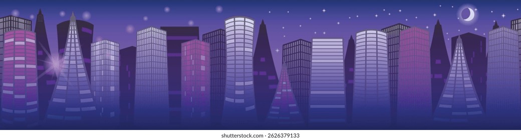 Panorama de uma cidade grande, edifícios altos, o sol nascente e a lua alta no céu