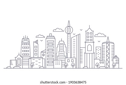 panorama of a big city metropolis with modern buildings and skyscrapers in a linear style. vector illustration isolated on white background