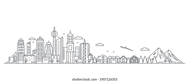 Panorama einer großen Metropole mit modernen Gebäuden und Wolkenkratzern und Privathäusern, Bergen und Natur im linearen Stil. Landleben und Freizeit Konzept. Vektorgrafik einzeln 