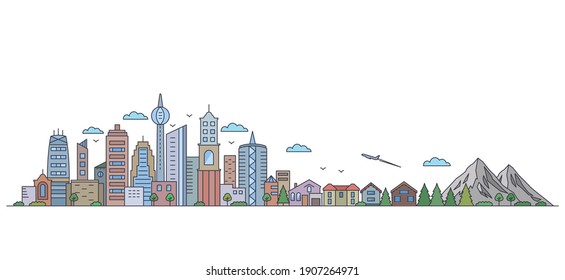 panorama of a big city metropolis with modern buildings and skyscrapers and private houses, mountains and nature in a linear style. country life and leisure concept. vector illustration isolated