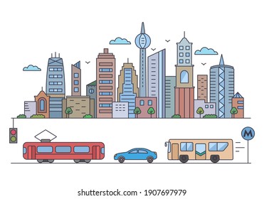 panorama of a big city metropolis with modern buildings and skyscrapers and city transport in a linear style. city life concept. vector illustration isolated