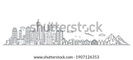 panorama of a big city metropolis with modern buildings and skyscrapers and private houses, mountains and nature in a linear style. country life and leisure concept. vector illustration isolated 