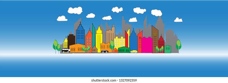 Panorama Big city near ocean beach vector illustration, Colorful flat cartoon high city skyscraper buildings from sea view, urban cityscape,modern town landscape.