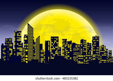 Panorama of the big city at night. Silhouettes of skyscrapers different construction in the dark town with glowing windows on a background of a large moon. Concept design banner. Vector illustration