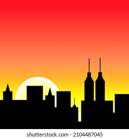 Panorama Of A Big City. Sunrise. Landscape. Vector Color Illustration.