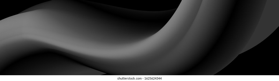 Panorama. Black and grey abstract background with 3d flow gradient shapes. Trendy horizontal design template for banners, flyers, covers, presentations, identity, landing pages. Vector illustration. 
