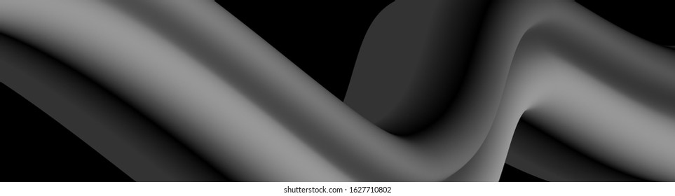 Panorama. Black and grey abstract background with 3d flow gradient shapes. Trendy horizontal design template for banners, flyers, covers, presentations, identity, landing pages. Vector illustration. 