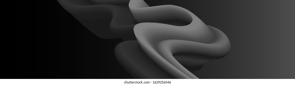 Panorama. Black and grey abstract background with 3d flow gradient shapes. Trendy horizontal design template for banners, flyers, covers, presentations, identity, landing pages. Vector illustration. 