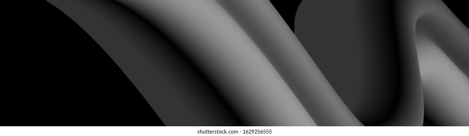 Panorama. Black and grey abstract background with 3d flow gradient shapes. Trendy horizontal design template for banners, flyers, covers, presentations, identity, landing pages. Vector illustration. 