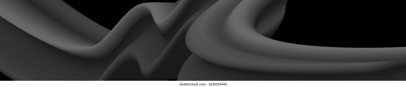 Panorama. Black and grey abstract background with 3d flow gradient shapes. Trendy horizontal design template for banners, flyers, covers, presentations, identity, landing pages. Vector illustration. 
