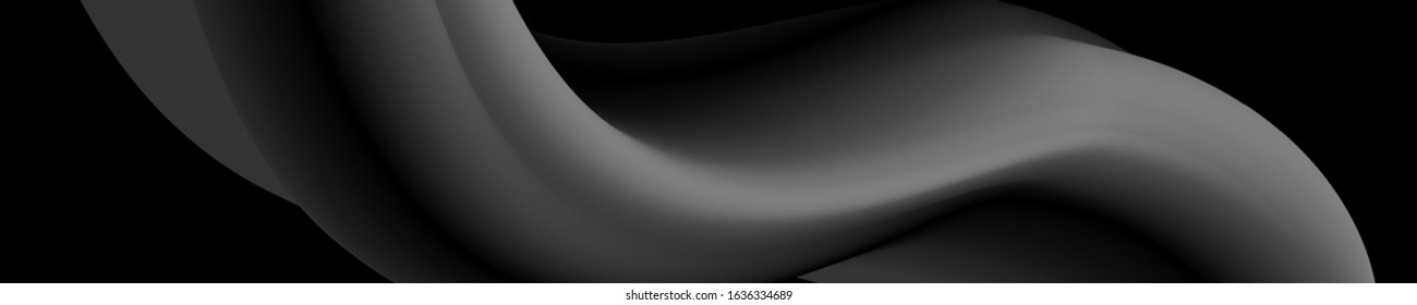 Panorama. Black and grey abstract background with 3d flow gradient shapes. Trendy horizontal design template for banners, flyers, covers, presentations, identity, landing pages. Vector illustration. 