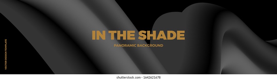 Panorama. Black and grey abstract background with 3d flow gradient shapes. Trendy horizontal design template for banners, headers, covers, presentations, identity, landing pages, websites.