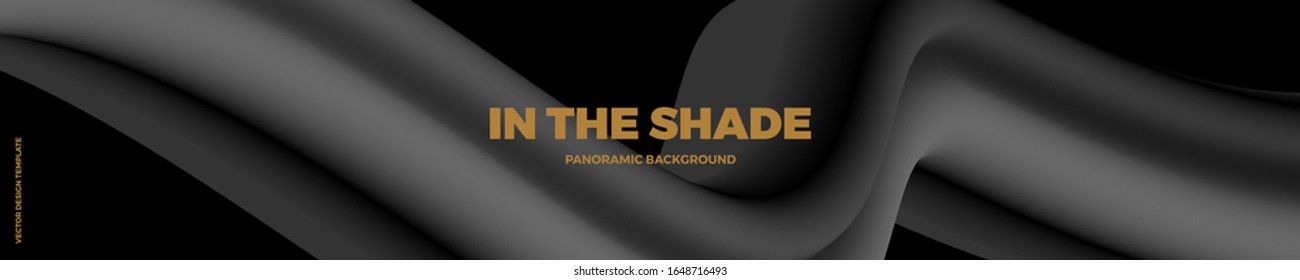 Panorama. Black and grey abstract background with 3d flow gradient shapes. Trendy horizontal design template for banners, headers, covers, presentations, identity, landing pages, websites.
