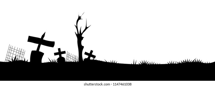 Panorama Black silhouettes of tombstones  crosses and gravestones.Graves cartoon for website.  Vector illustration EPS 10.