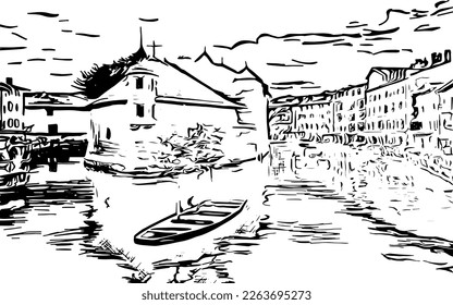 Panorama black and white, architectural building, France. Tourist view, poster, banner, calendar page template