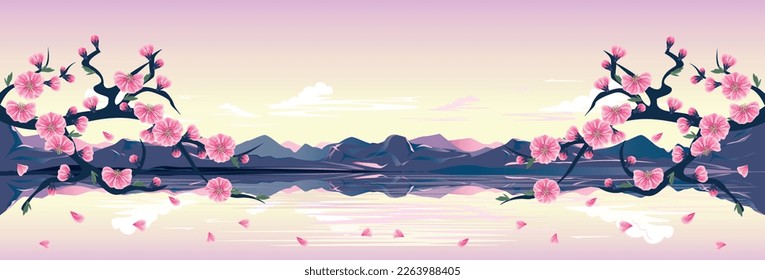 Panorama of blossoming sakura buds against the backdrop of a reflective lake, mountains and a warm sky with clouds. vector illustration. Japanese style.