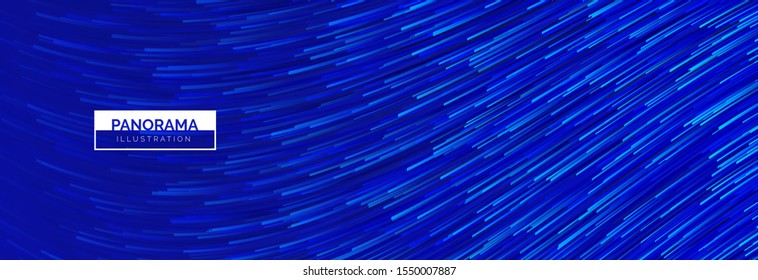 Panorama with blue particle flow. Lines in motion. Wavy abstract looks like a stream of deep waters in the ocean. Wallpaper, banner, image for covering. Abstract vector background.