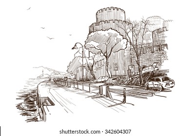 Panorama of Bosphorus strait seafront with Roumeli Hissar Castle. Sketch isolated on white background. EPS10 vector illustration.