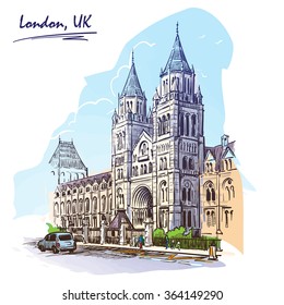 Panorama Of The British Natural History Museum Facade. Watercolor Imitating Painted Sketch. EPS10 Vector Illustration.