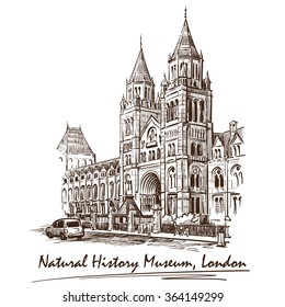 Panorama Of The British Natural History Museum Facade. Sketch Isolated On White Background. EPS10 Vector Illustration.