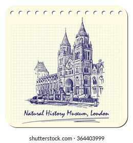 Panorama of the British Natural History Museum facade. Sketch imitating ink pen scribbling in a notepad. Sketch is isolated on a separate layer. EPS10 vector illustration.