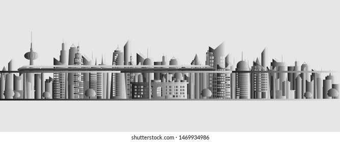 Panorama building and city, Urban cityscape, black and white tone vector illustration.