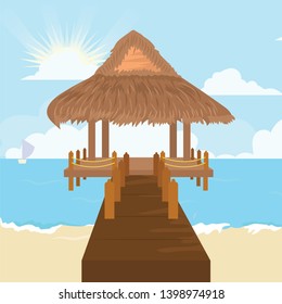 panorama of bungalow and wooden bridge at beach place