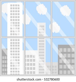 Panorama business building. City view window, office window view, balcony view vector illustration