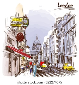 Panorama of busy Fleet street dominated by st. Paul's Cathedral. London, UK. Painted sketch imitating ink pen drawing above blurry watercolor. EPS10 vector illustration.